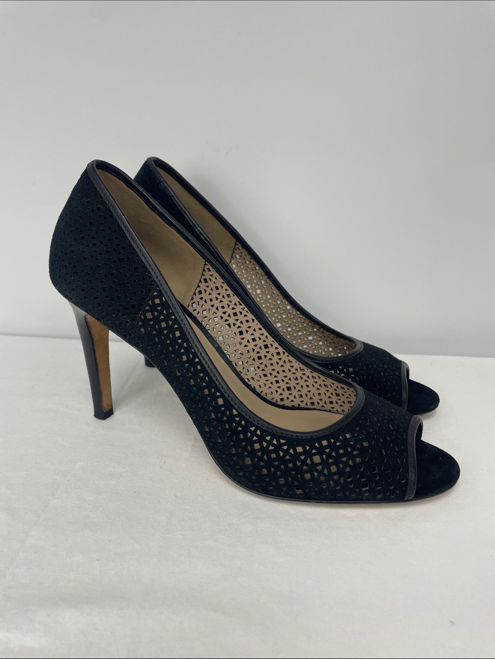 Tory Burch Black Laser-Cut Peep-Toe Pumps, Size 8.5